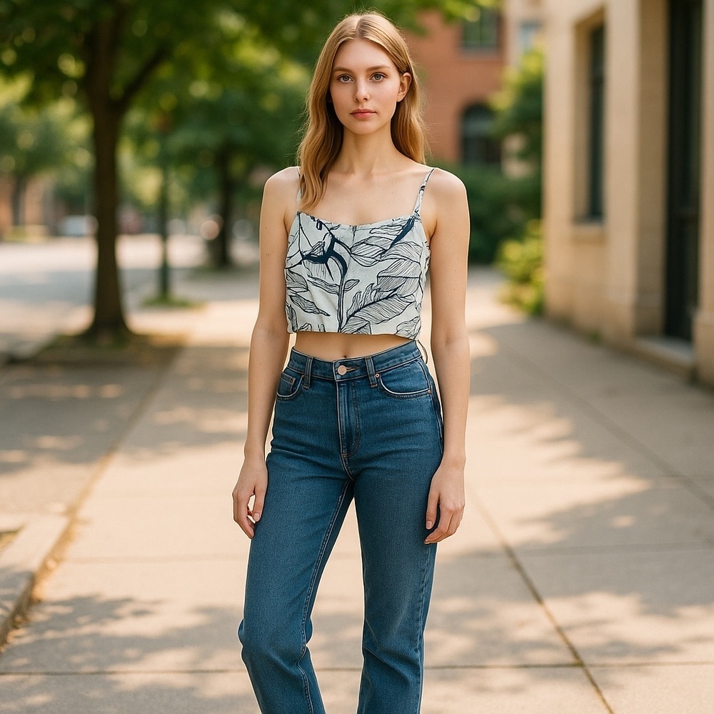 Linen Lux blue and white floral boho chic cropped top size 10 sexy feminine